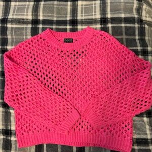 Vibrant Pink Open-Knit Crew Neck Sweater